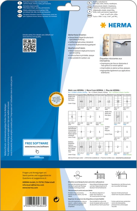 Herma Folienetiketten, 63.5x29.6mm, wetterfest, transparent, matt, 10 Blatt (270 Etiketten)