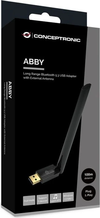 Conceptronic ABBY17B Bluetooth USB Adapter mit externer Antenne, Reichweite bis 100m, Bluetooth 5.3, USB-A 2.0 [Stecker]