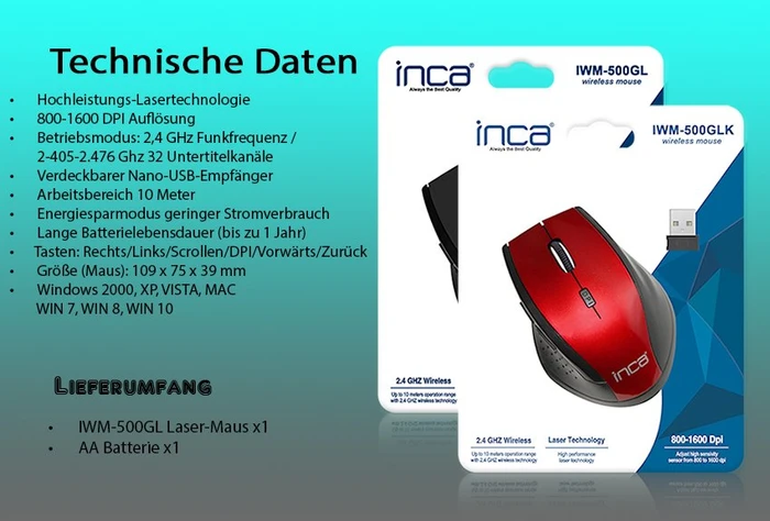 Inca IWM-500GLK Wireless Mouse rot/schwarz, USB