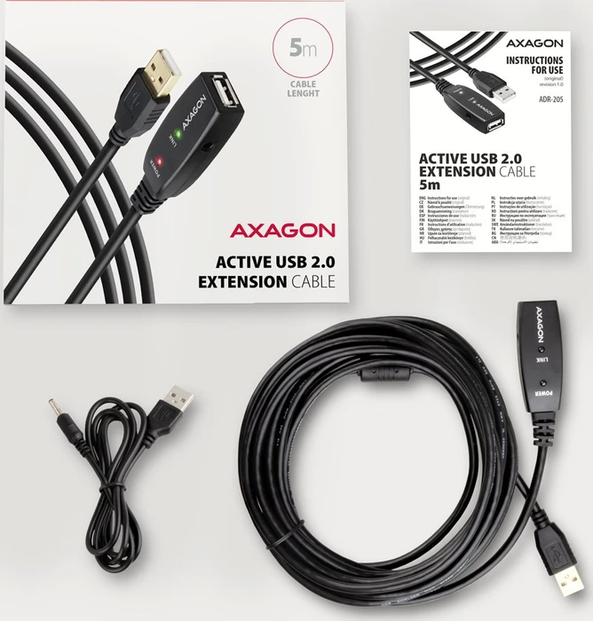 Axagon USB-A Verlängerung, USB 2.0, 480Mb/s, USB-A 2.0 [Stecker] auf USB-A 2.0 [Buchse], aktiv, Verlängerungskabel A/A, 5m