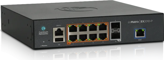 Cambium Networks cnMatrix EX2000 Desktop Gigabit Managed Switch, 8x RJ-45, 2x SFP+, 100W PoE+