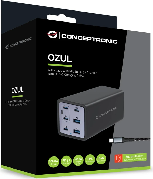 Conceptronic USB GaN Ladegerät, 4x USB-C + 2x USB-A, 200W schwarz