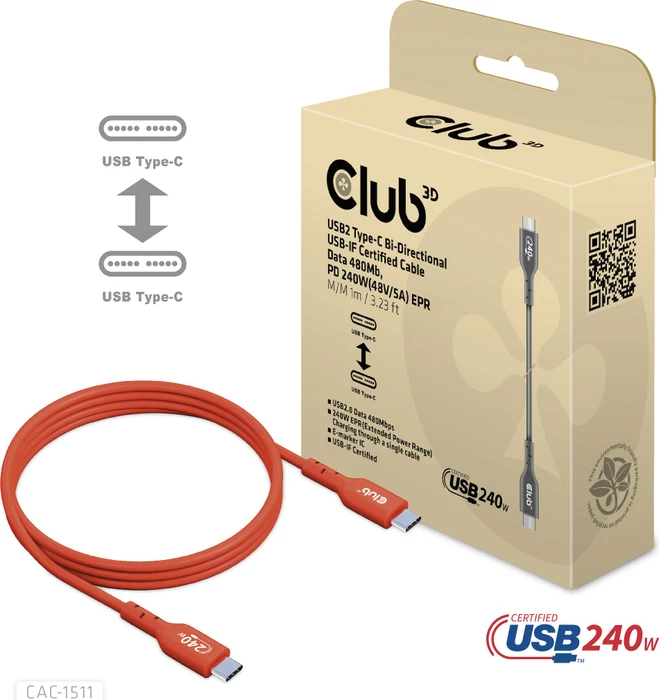 Club 3D USB2 Type-C Bi-Directional USB-IF Certified Cable Data 480Mb PD 240W 48V/5A EPR M/M Kabel Digital/Daten 1 m (CAC-1511) Image