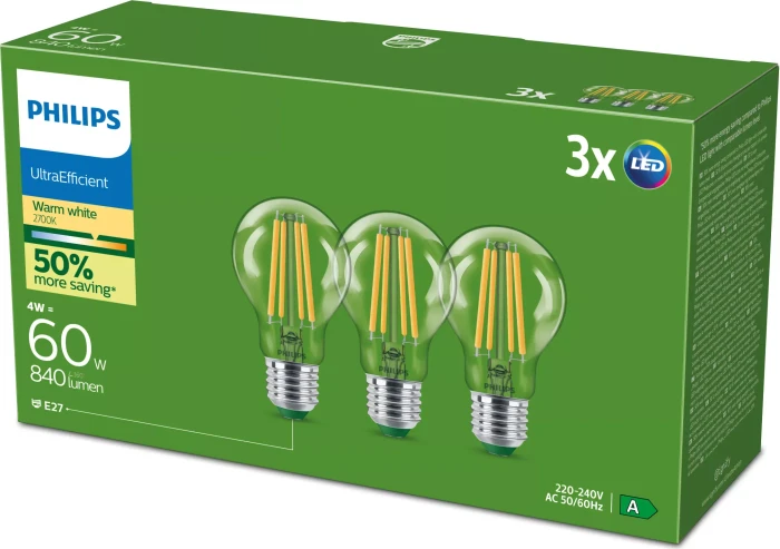 Philips Ultra Efficient LED Filament E27 4-60W 827 A60 CL, 3 Stück