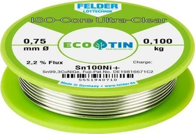 Felder ISO-Core Ultra-Clear Sn100Ni+ Sn99.25Cu0.7Ni Lötzinn 0.75mm, 100g