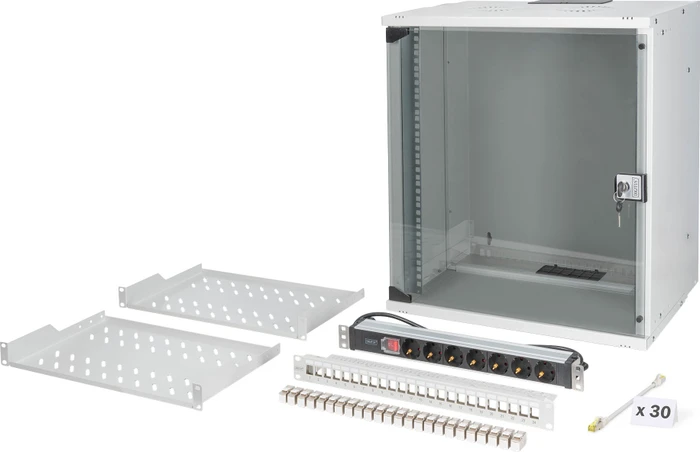 Digitus Professional SoHo Pro Line 19" Wandgehäuse SET 12HE, unmontiert, Sicherheitsglastür, IP20, RAL 7035, 400mm tief