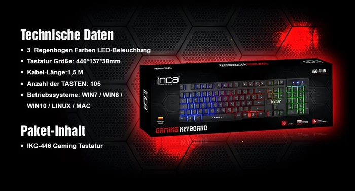 Inca IKG-446 Gaming Keyboard, schwarz, LEDs RGB, USB, DE
