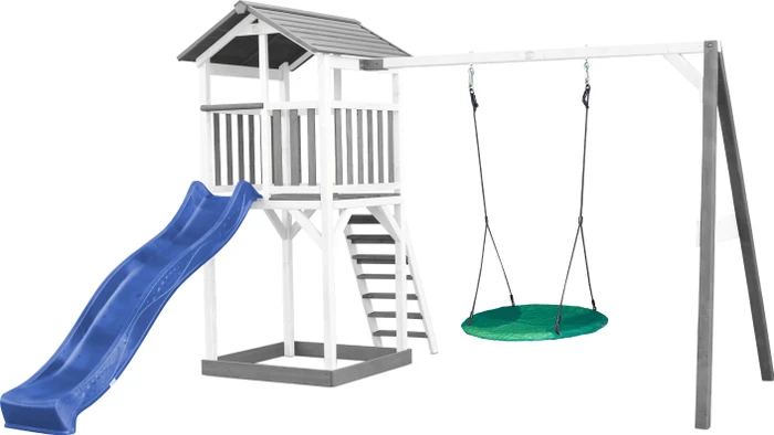 Axi Spielturm Beach Tower mit Rutsche und Nestschaukel grau/weiß/grün/blau