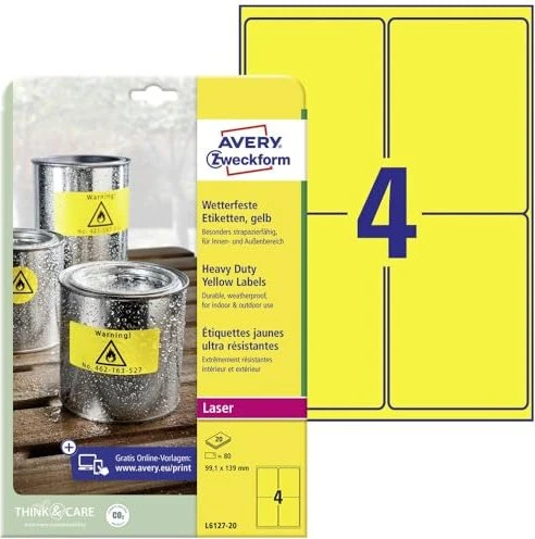 Avery-Zweckform Etiketten wetterfeste, A6, wetterfest, gelb, 20 Blatt (80 Etiketten)