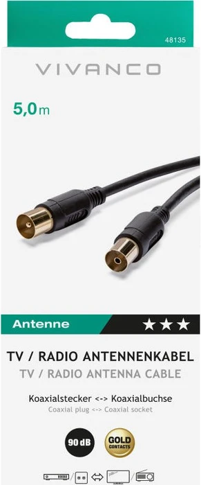 Vivanco Antennen-Kabel, Koax-Stecker - Koax-Kupplung, 90dB, 5m, schwarz
