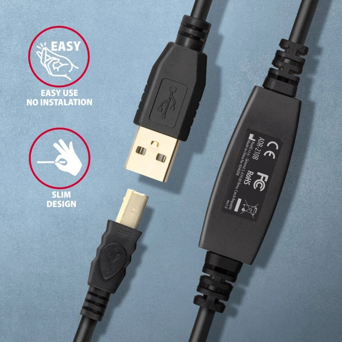 Axagon USB Adapterkabel, USB 2.0, 480Mb/s, USB-A 2.0 [Stecker] auf USB-B 2.0 [Stecker], aktiv, Adapterkabel, 10m