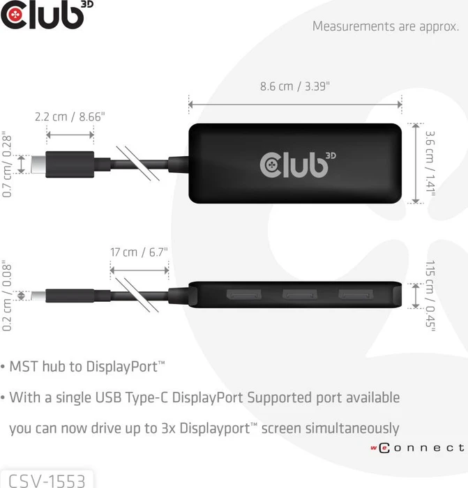 Club 3D Multi Stream Transport MST Hub, USB-C mit DisplayPort 2.1 auf 3x DisplayPort Adapter