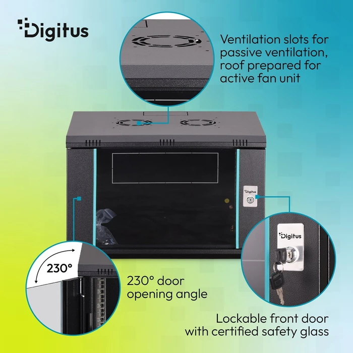 Digitus Dynamic-N Serie 19" Wandgehäuse 7HE, unmontiert, Sicherheitsglastür, IP2X, RAL 9005, 450mm tief