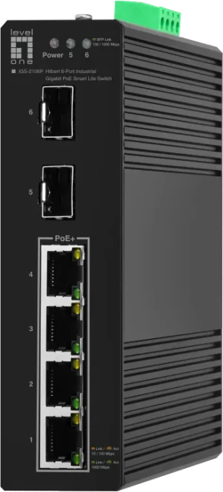LevelOne IGS Hilbert Industrial Railmount Gigabit Smart Switch, 4x RJ-45, 2x SFP, 60W PoE+