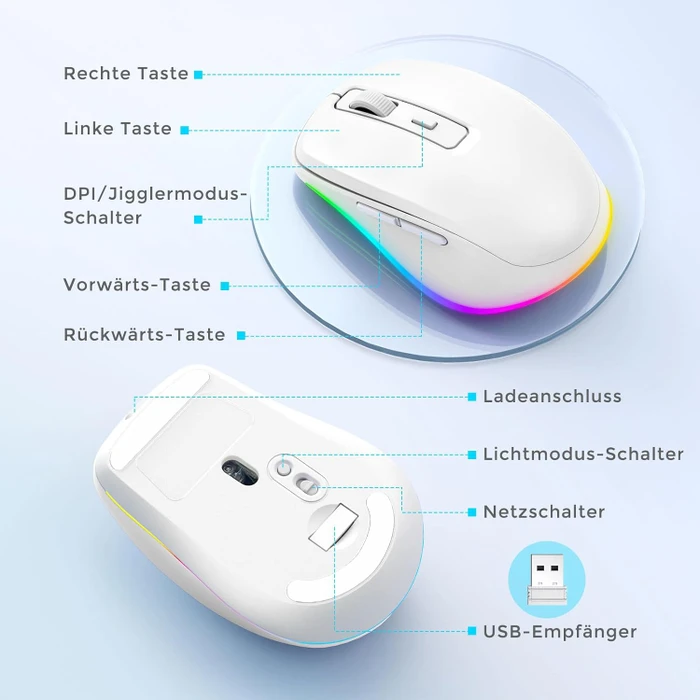 Seenda Rechargeable Wireless RGB Mouse mit Jiggler-Funktion, weiß, USB