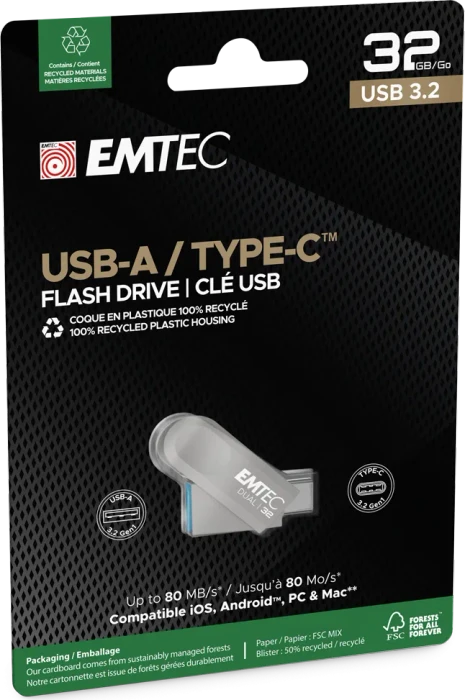 Emtec D280 32GB, USB-A + USB-C, USB 3.2 Gen 1×1
