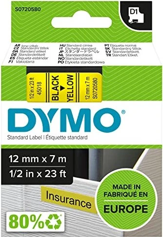 Dymo D1 Beschriftungsband, 12mm, schwarz/gelb