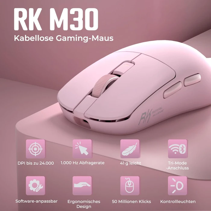 RK Royal Kludge M30 Wireless Gaming Mouse, rosa, USB/Bluetooth
