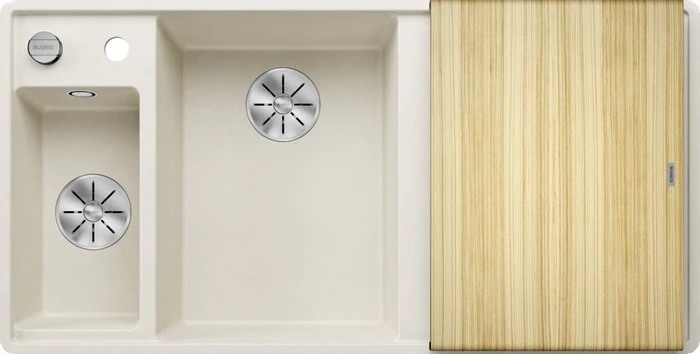 Blanco Axia III 6 S-F InFino Becken links mit Ablauffernbedienung softweiß inkl. Holzschneidebrett