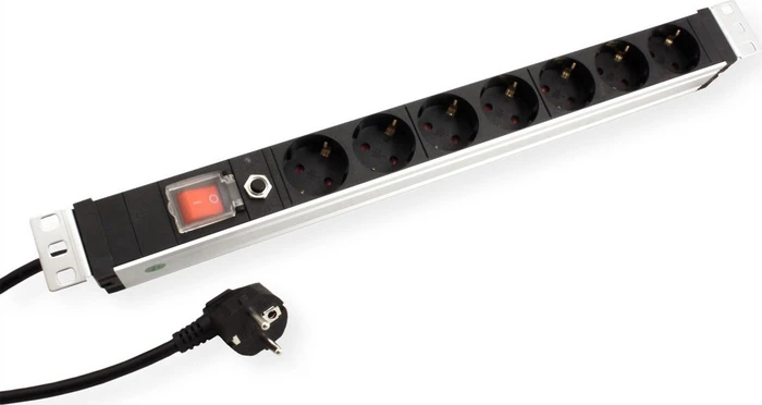 Value 19" Aluminium Steckdosenleiste, mit Schalter und Überlastschutz, 1HE, 7-fach, 250V, schwarz/silber, 1.8m