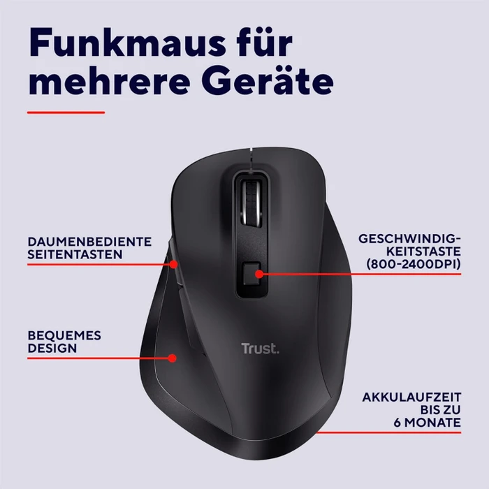 Trust Fyda Multi-Device Wireless Mouse schwarz, USB/Bluetooth