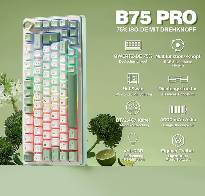 Yunzii B75 Pro, Matcha Green, beige, Cocoa Cream V2, USB/Bluetooth, DE