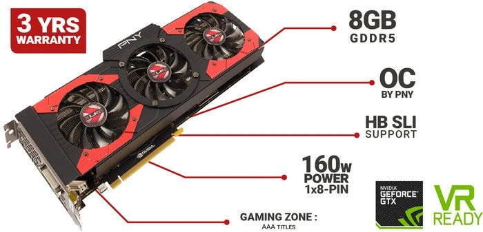 PNY GeForce GTX 1070 XLR8 OC Gaming, 8GB GDDR5, DVI, HDMI, 3x DP