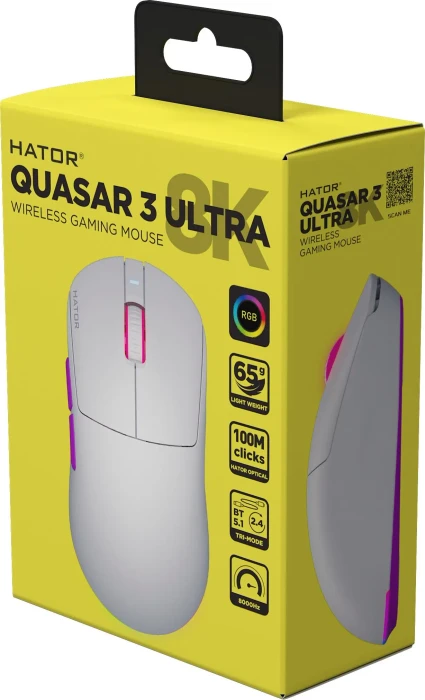 Hator Quasar 3 Ultra 8K Wireless Gaming Mouse weiß, USB/Bluetooth