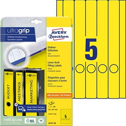 Avery-Zweckform Ordneretiketten, 38x297mm, gelb, 20 Blatt (100 Etiketten)