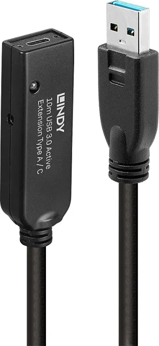 Lindy USB 3.0 aktives Verlängerungskabel schwarz, USB-A [Stecker] auf USB-C [Buchse], 10m