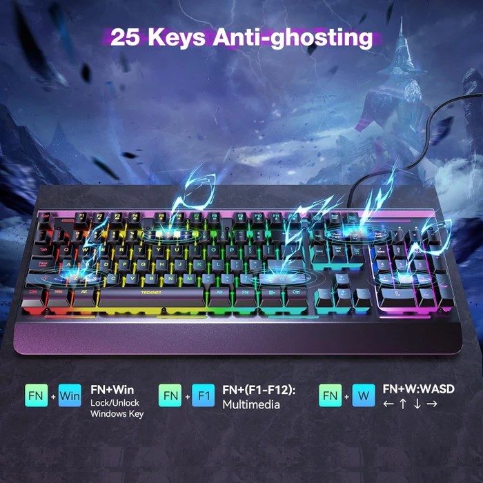 TeckNet RGB Gaming Keyboard, schwarz, LEDs RGB, USB, US