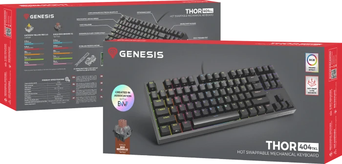 Genesis Thor 404 TKL, schwarz, LEDs RGB, hot-swap, Kailh Box V2 BROWN, USB, US