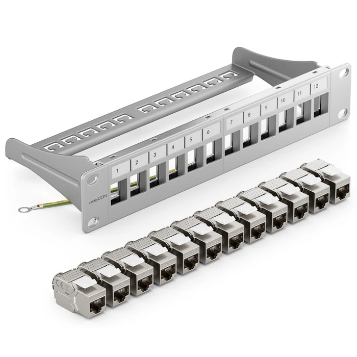 deleyCON 12-Port Patchpanel inkl. Keystone-Modul 12er-Pack, 10", 1HE, grau