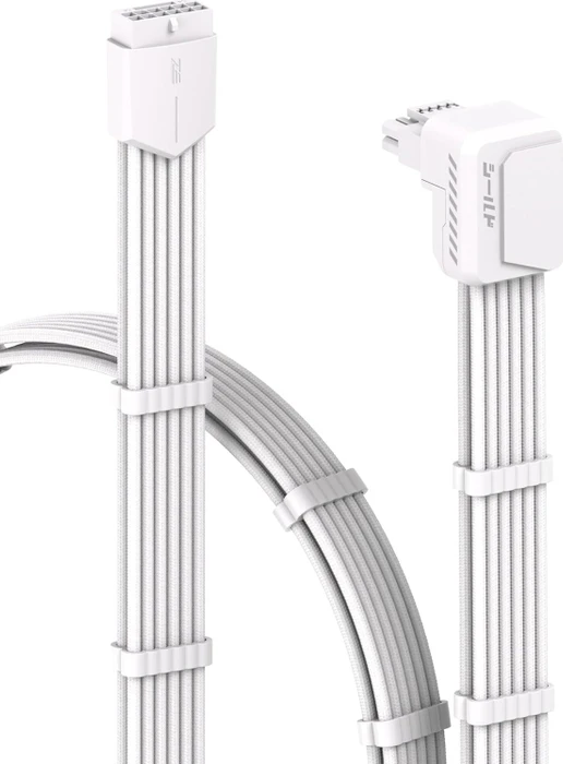 EZDIY-FAB 12V-2x6 Kabel, Shield, 16-Pin PCIe Verlängerungskabel, 1x 16-Pin PCIe 5.1 Buchse auf 16-Pin PCIe 5.1 Stecker, Variante Reverse, Sense-Pins an der Oberseite, 16AWG, weiß, 90° gewinkelt