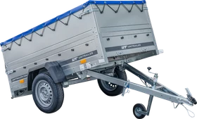 Unitrailer Garden Trailer 200 Kipp mit zusätzlichen Bordwänden, Stützrad und blauer Flachplane