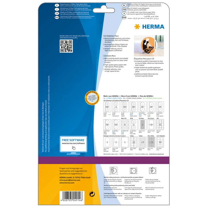 Herma CD-Folienetiketten mit kleinem Spindelloch, 116mm, transparent, glänzend, 25 Blatt (50 Etiketten)