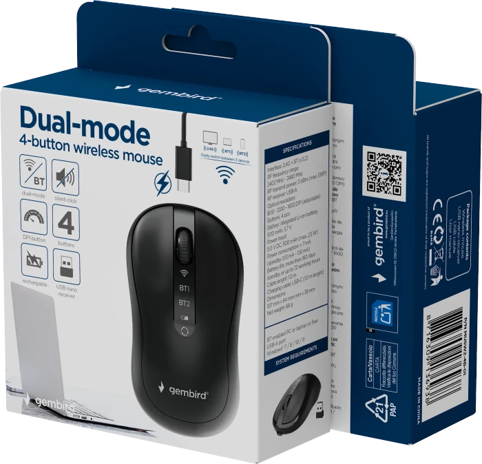 Gembird Dual-Mode 4-Button Wireless Mouse schwarz, USB/Bluetooth