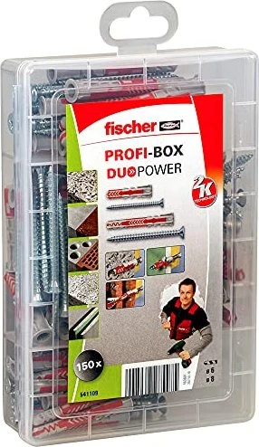 fischer Profi-Box DuoPower kurz/lang + Schraube Schrauben/Dübel-Sortiment inkl. Werkzeugbox, 150 Stück