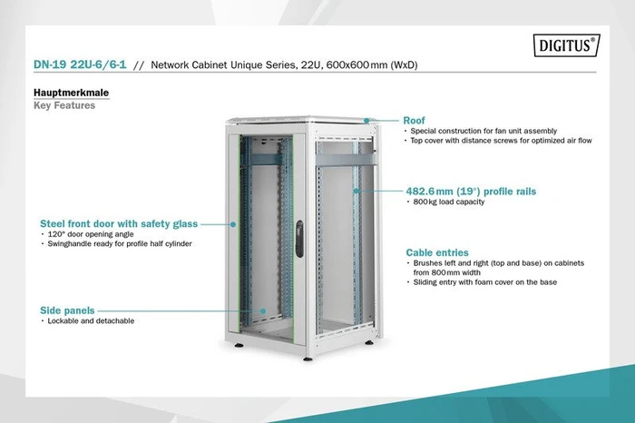 Digitus Professional Unique Serie Serverschrank 22HE, Sicherheitsglastür, IP2X, grau, 600mm tief
