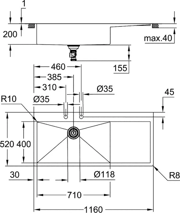 Grohe K1000 80-S 116/52 1.0 lh Einbau Becken links edelstahl