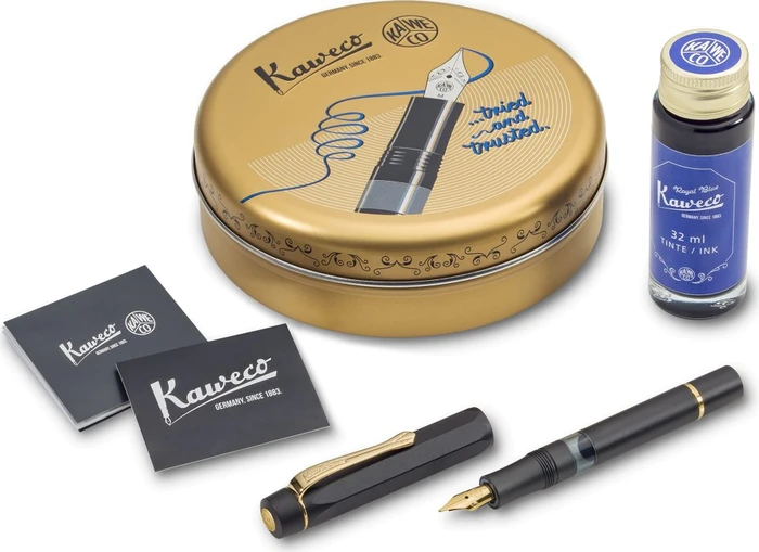 Kaweco Piston Sport AL Starter Set mit Tinte black/gold, rechte Hand, fein