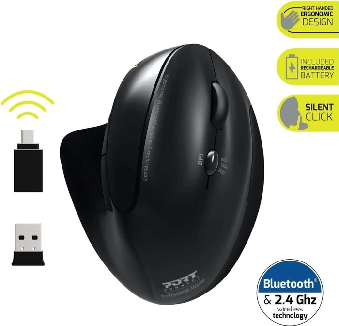 Port Designs Wireless Rechargeable Ergonomic Mouse, USB/Bluetooth