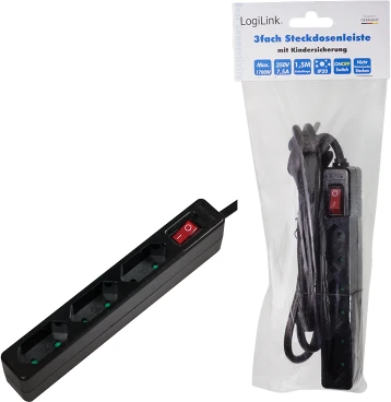 LogiLink Steckdosenleiste mit Schalter, 3-fach, Euro schmal, 1.5m, schwarz