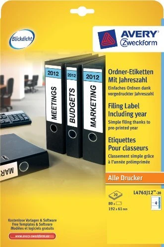 Avery-Zweckform Ordneretiketten mit Jahreszahl, 192x61mm, weiß/blau, 20 Blatt (80 Etiketten)