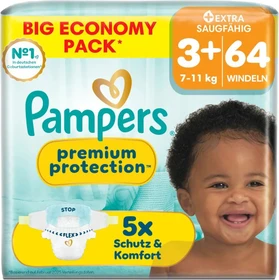 Pampers Premium Protection Gr.3+ Einwegwindel, 7-11kg, 64 Stück