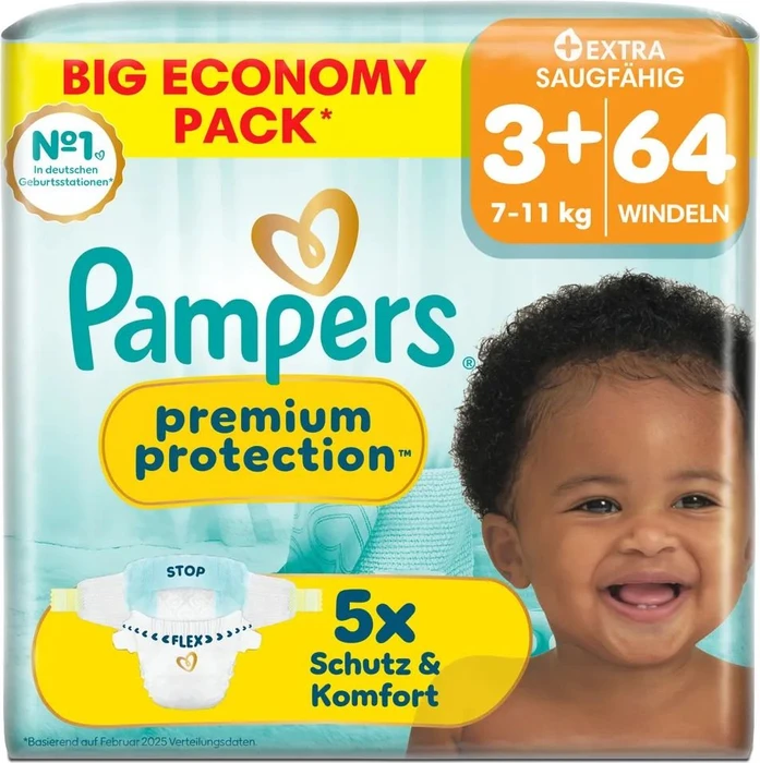 Pampers Premium Protection Gr.3+ Einwegwindel, 7-11kg, 64 Stück