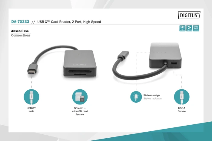 Digitus USB-C Card Reader, Dual-Slot-Cardreader, USB-C 3.0 [Stecker]