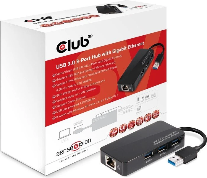 Club 3D SenseVision Multiport-Adapter, RJ-45, USB-A 3.0 [Stecker]