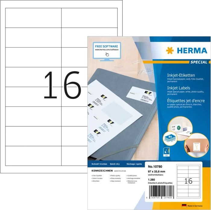 Herma Adressetiketten Inkjet, 97x33.8mm, weiß, 80 Blatt (1280 Etiketten)