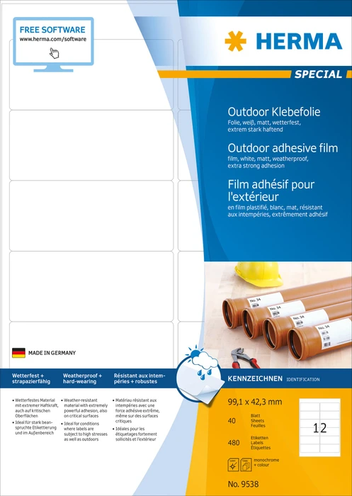 Herma Etiketten Outdoor, 99.1x42.3mm, wetterfest, weiß, matt, 40 Blatt (480 Etiketten)